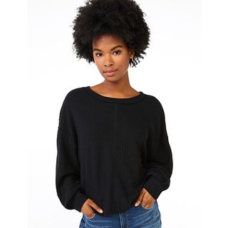 Scoop + Waffle Knit Slouch Top With Long Sleeves