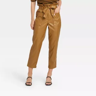 Who What Wear x Target + Faux Leather Paper Bag Trousers in Brown