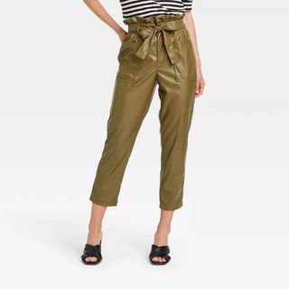 Who What Wear x Target + Faux Leather Paper Bag Trousers in Green