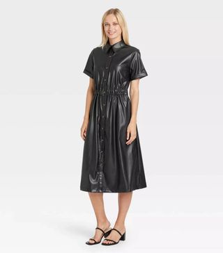 Who What Wear x Target + Faux Leather Shirtdress in Black