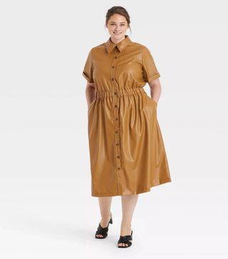 Who What Wear x Target + Faux Leather Shirtdress in Brown