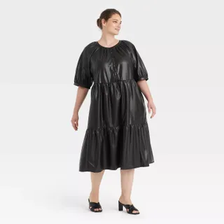 Who What Wear x Target + Faux Leather Trapeze Dress in Black