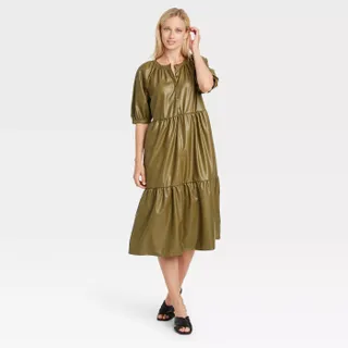Who What Wear x Target + Faux Leather Trapeze Dress in Green