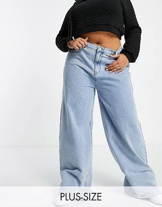 Missguided + Recycled Wide Leg Jean With Raw Hem in Bleached Blue