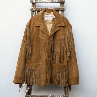 Vintage + 70s Schott Tan Leather and Suede Western Fringe Jacket