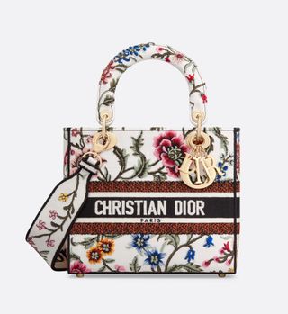 Dior + Medium Lady D-Lite Bag in White Multicolor Dior Petites Fleurs Embroidery