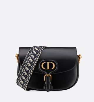 Dior + Large Dior Bobby Bag in Black Box Calfskin with Blue Dior Oblique Embroidered Strap