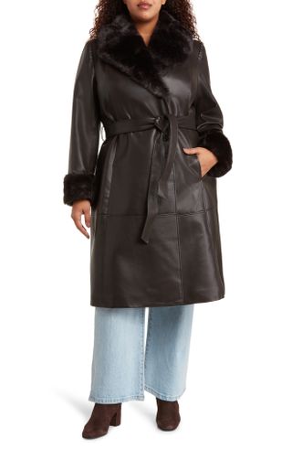 Via Spiga + Faux Fur Trim Faux Leather Trench Coat