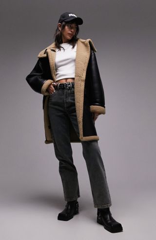 Topshop + Faux Leather and Faux Shearling Car Coat