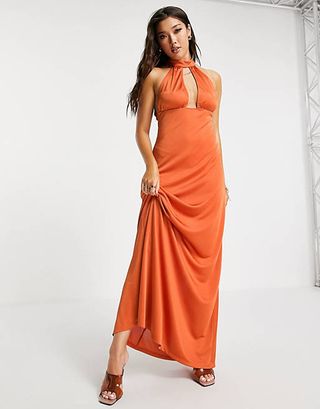 ASOS Design + Satin 70s Halter Maxi Dress in Rust