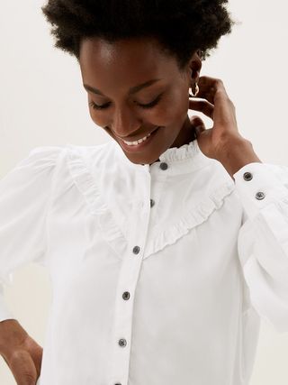 M&S Collection + The Tencel™ Denim Frill-Detail Blouse