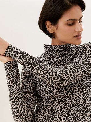 M&S Collection + Cotton Animal Print Funnel Neck Fitted Top