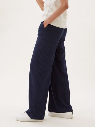 M&S Collection + Pinstripe Drawstring Wide Leg Trousers