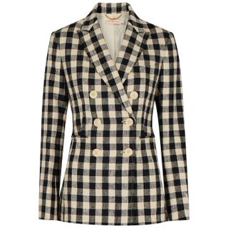 Tory Burch + Gingham Double-Breasted Linen Blazer