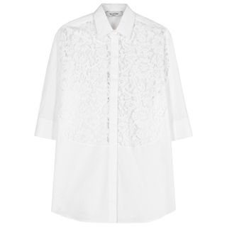 Valentino + White Lace-Panelled Cotton Shirt