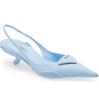 Prada + Triangle Logo Pointed Toe Slingback Pumps