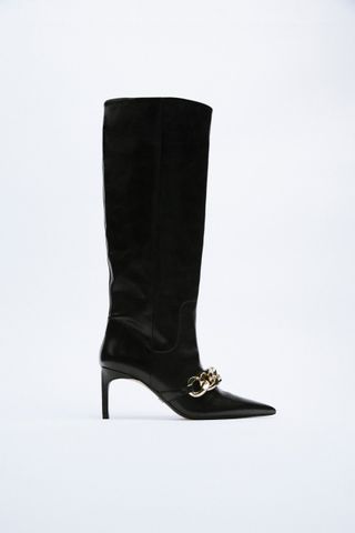 Zara + Leather High Heeled Boots With Chain