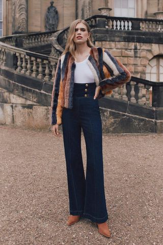 Karen Millen + High Waist Button Front Wide Leg Jean