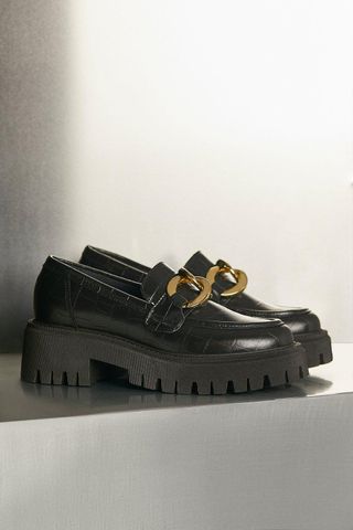 Karen Millen + Gold Trim Platform Leather Loafer