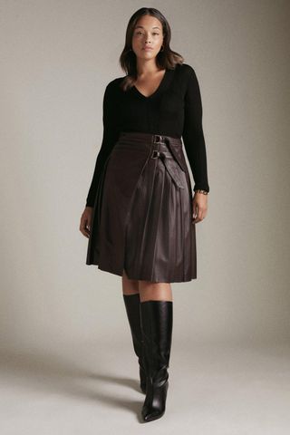 Karen Millen + Curve Leather Pleated Kilt Midi Skirt