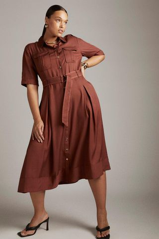 Karen Millen + Curve Linen Viscose Woven Shirt Dress