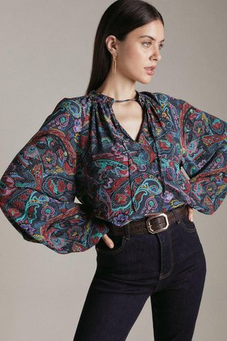 Karen Millen + Paisley Print Woven Tie Front Blouse