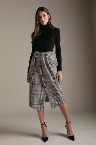 Karen Millen + Tailored Check Wrap Midi Skirt