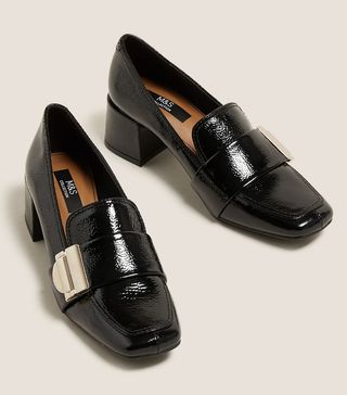 M&S Collection + Leather Patent Buckle Block Heel Loafers
