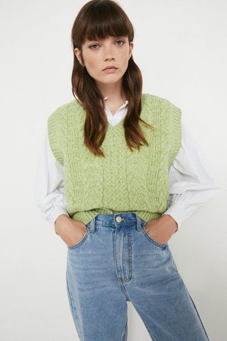 Warehouse + Recycled Cable Knit V Neck Vest