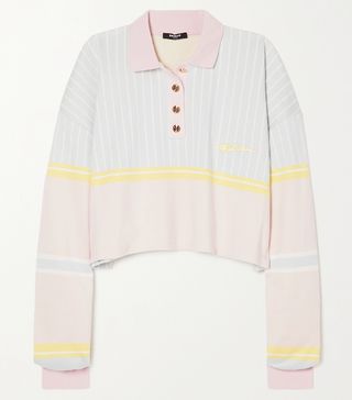 Balmain + Cropped Embroidered Striped Cotton-Jersey Polo Shirt