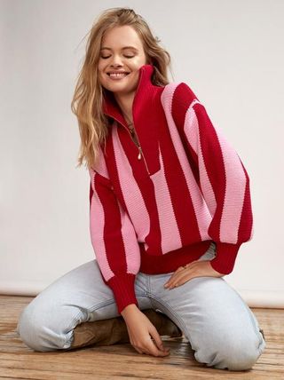 Kitri + Lorna Pink Stripe Zip Collar Cotton Sweater