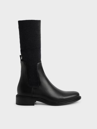 Charles & Keith + Black Knee-High Knitted Sock Boots