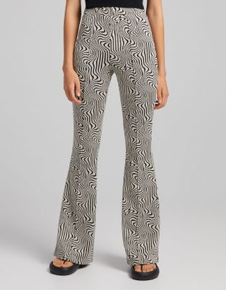 Bershka + Flare Jacquard Psychedelic Print Trousers With Cut-Out Detail