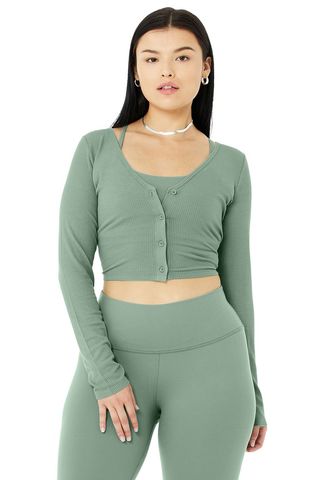 Alo Yoga + Ribbed Cropped Whisper Cardigan in Soft Seagrass