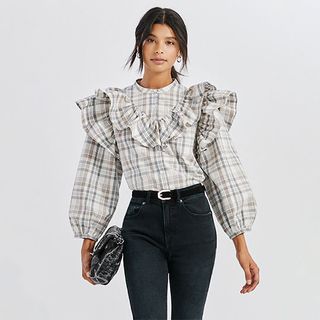Something Navy + Plaid Ruffle Blouse in Gray Combo