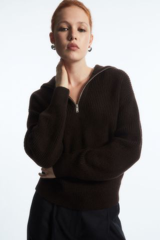 COS + Wool and Cotton Half-Zip Sweater in Dark Brown