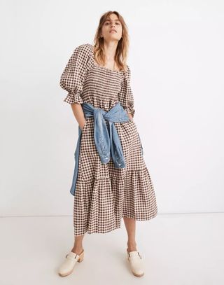 Madewell + Lucie Elbow-Sleeve Smocked Midi Dress in Gingham