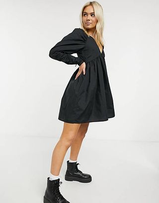 ASOS Design + Cotton Babydoll Mini Dress in Black