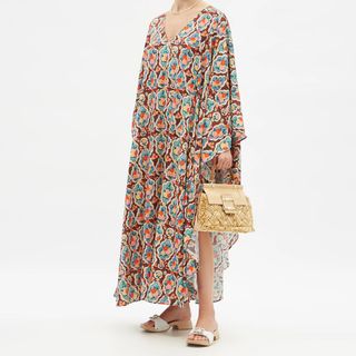 La DoubleJ + Opera Cape-Sleeve Matisse-Print Twill Maxi Dress