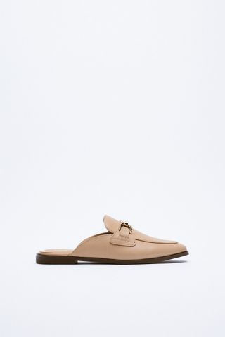Zara + Low-Heeled Leather Mules With Buckle