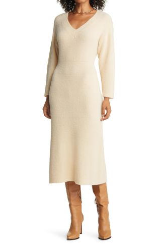 HALOGEN® + Off the Shoulder Long Sleeve Midi Sweater Dress