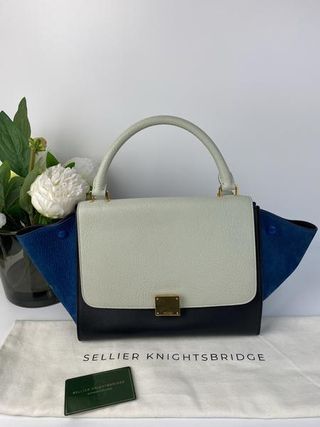 Celine + White, Blue and Black Trapeze With Gold Hardware Bag