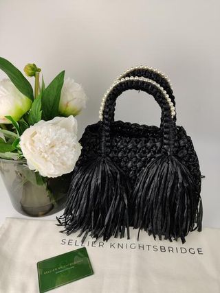 Simone Rocha + Black Tasseled Pearl Embellished Raffia Tote Bag