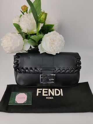 Fendi + Black Leather Lace Up Baguette Bag