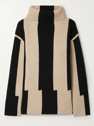 Joseph + Striped Ribbed Wool Turtleneck Sweater