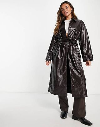 ASOS + Design Crinkle Faux Leather Trench Coat in Oxblood