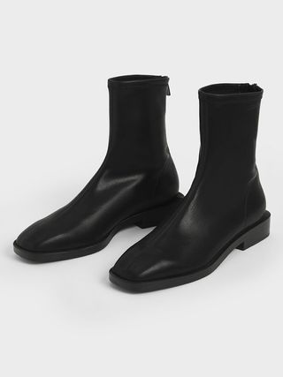 Charles & Keith + Square Toe Zip-Up Ankle Boots