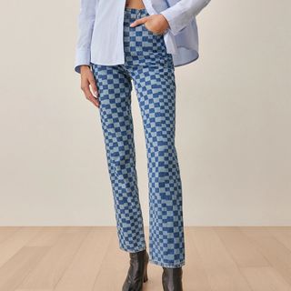 Reformation + Cynthia Checkerboard High Rise Straight Jeans