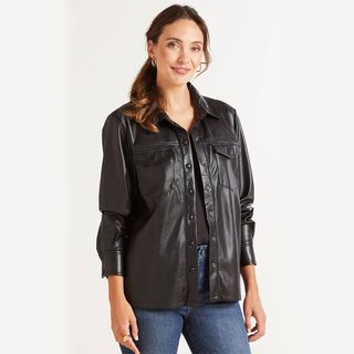 Good American + Leather Utility Shirt Jacket