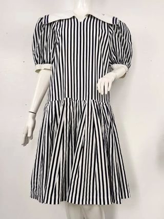 Vintage + 1980s Puffed Sleeve Nautical Stripe Dress